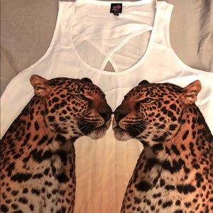 White Tank w/ tiger print. Sheer material w/back cutout. Pristine condition.
